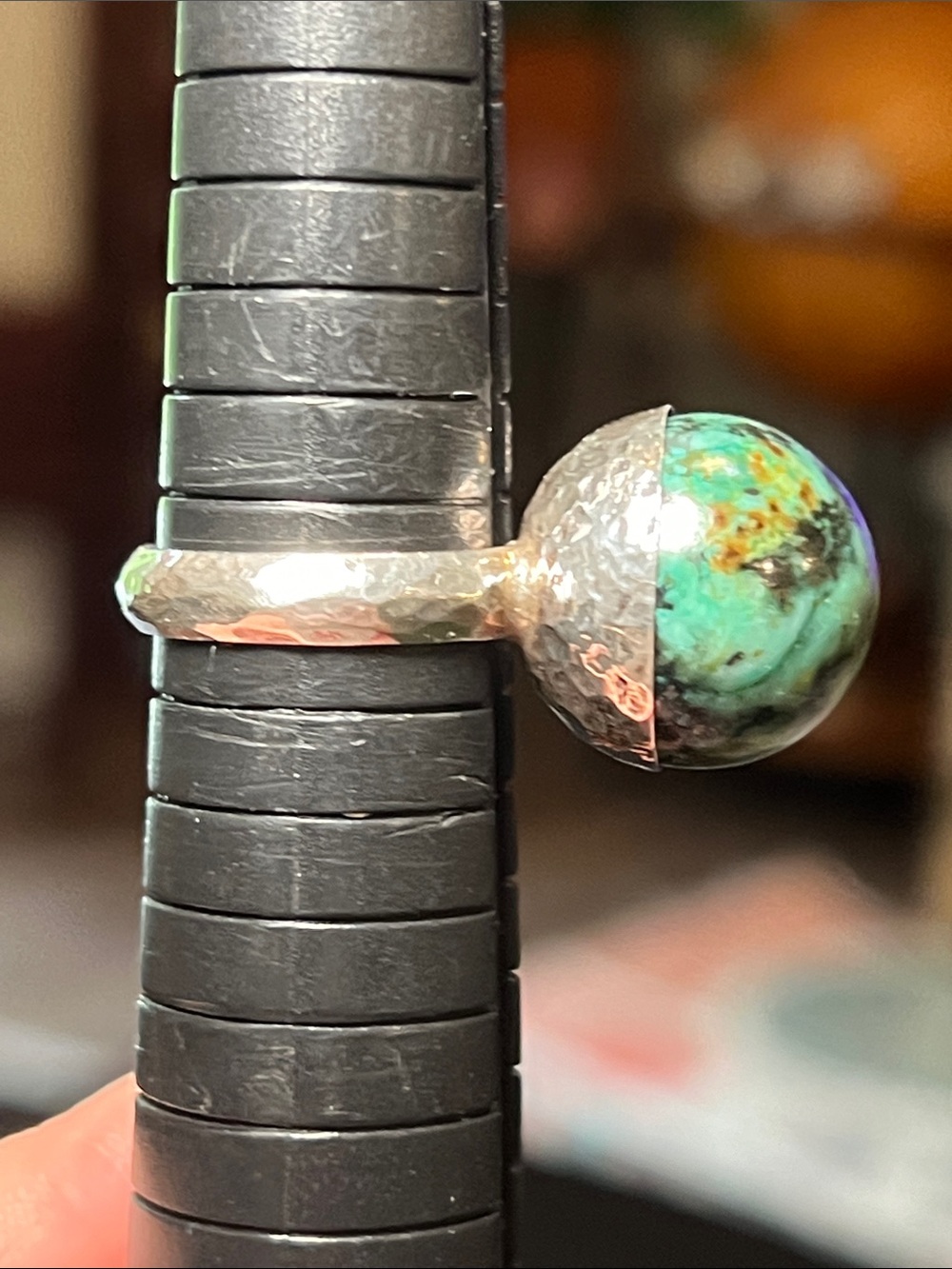 Vintage Modernist Orb Chrysocolla Gemstone Sphere Sterling Silver Ball Ring - Picture 2 of 12